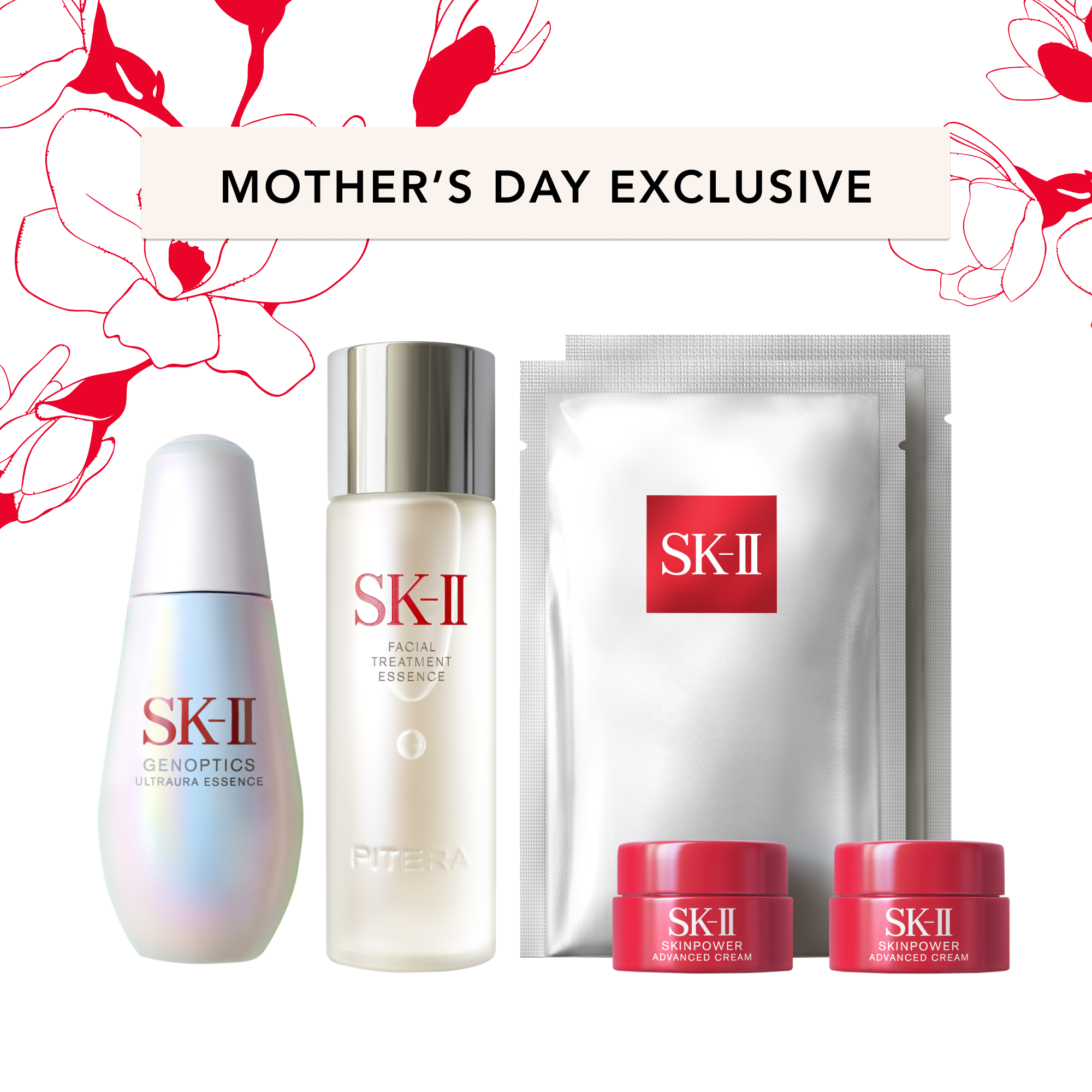 SK-II’s limited edition skincare set featuring the award-winning Facial Treatment Essence, GenOptics Ultraura Essence, two Facial Treatment Masks, and two SKINPOWER Advanced Cream samples