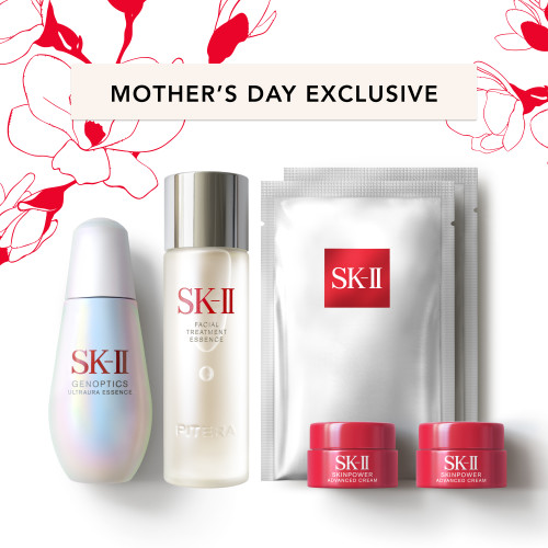 SK-II’s limited edition skincare set featuring the award-winning Facial Treatment Essence, GenOptics Ultraura Essence, two Facial Treatment Masks, and two SKINPOWER Advanced Cream samples